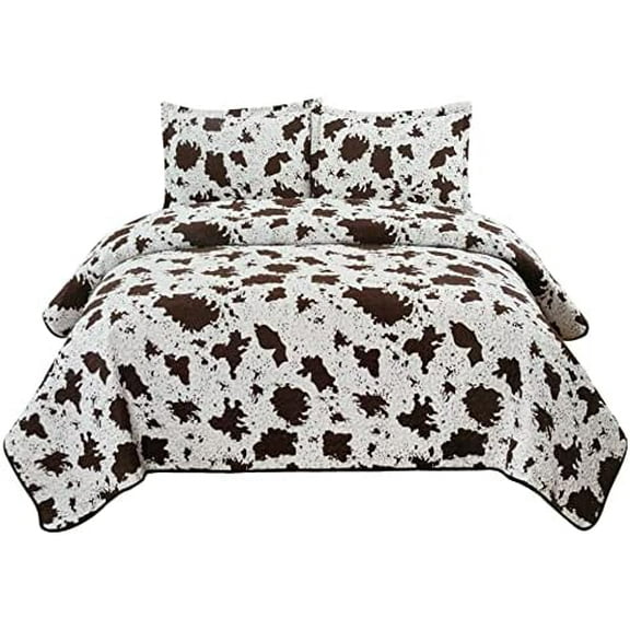 Cowhide Brown White Print Western Design Quilt Bedding Set with Pillows (Queen)$$Home Decor, Kitchen, & Other