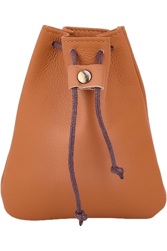 Cowhide Coin Wallets Drawstring Storage Bags with Wax Cord Sandy Brown 11.9x10.2x0.8cm