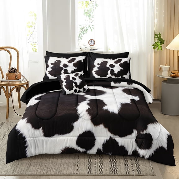 Cowhide Comforter Set Queen Size Bed in a Bag Set Boys Girls Western Farmhouse Cow Print Bedding Set Black White Brown Cowhide Printed Rustic Bedding Comforter 8 Pieces for All Season with Cushion Co