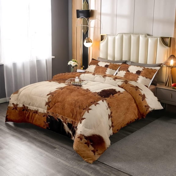 Cowhide Comforter Sets Patchwork Cow Print Comforter Farm Animal Bedding Set for Kids Boys Girls Western Cowboy Farmhouse Down Comforter with 1 Comforter and 2 Pillow Cases Bedroom Decor Twin