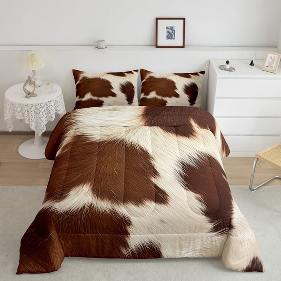 Cowhide Comforter Set Farm Animals Bedding Sets ,Bull Cattle Cow Print Quilt Farmhouse Western Room Decor,Brown