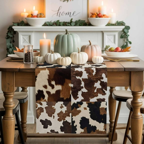 Cowhide Cotton Linen Table Runner, Washable Table Runners for Kitchen, Dining Room, Holiday, Home Party Table Decor, 13x36 Inches