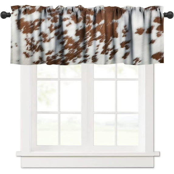 Cowhide Cow Print Valance Curtain Brown White Farmhouse Animal Hair Skin Western Rustic Rod Pocket Valance Window Treatments 1 Panel Short Curtains for Kitchen Living Room 54 x 18 in