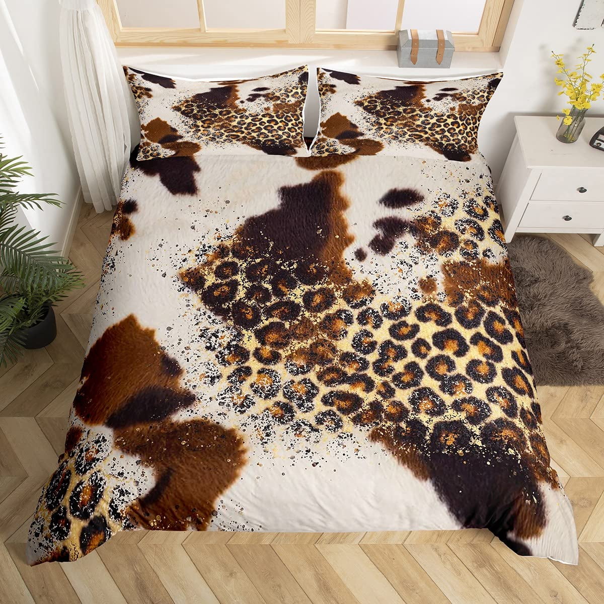 Cowhide Duvet Cover Set Brown Cow Leopard Print Western Rustic