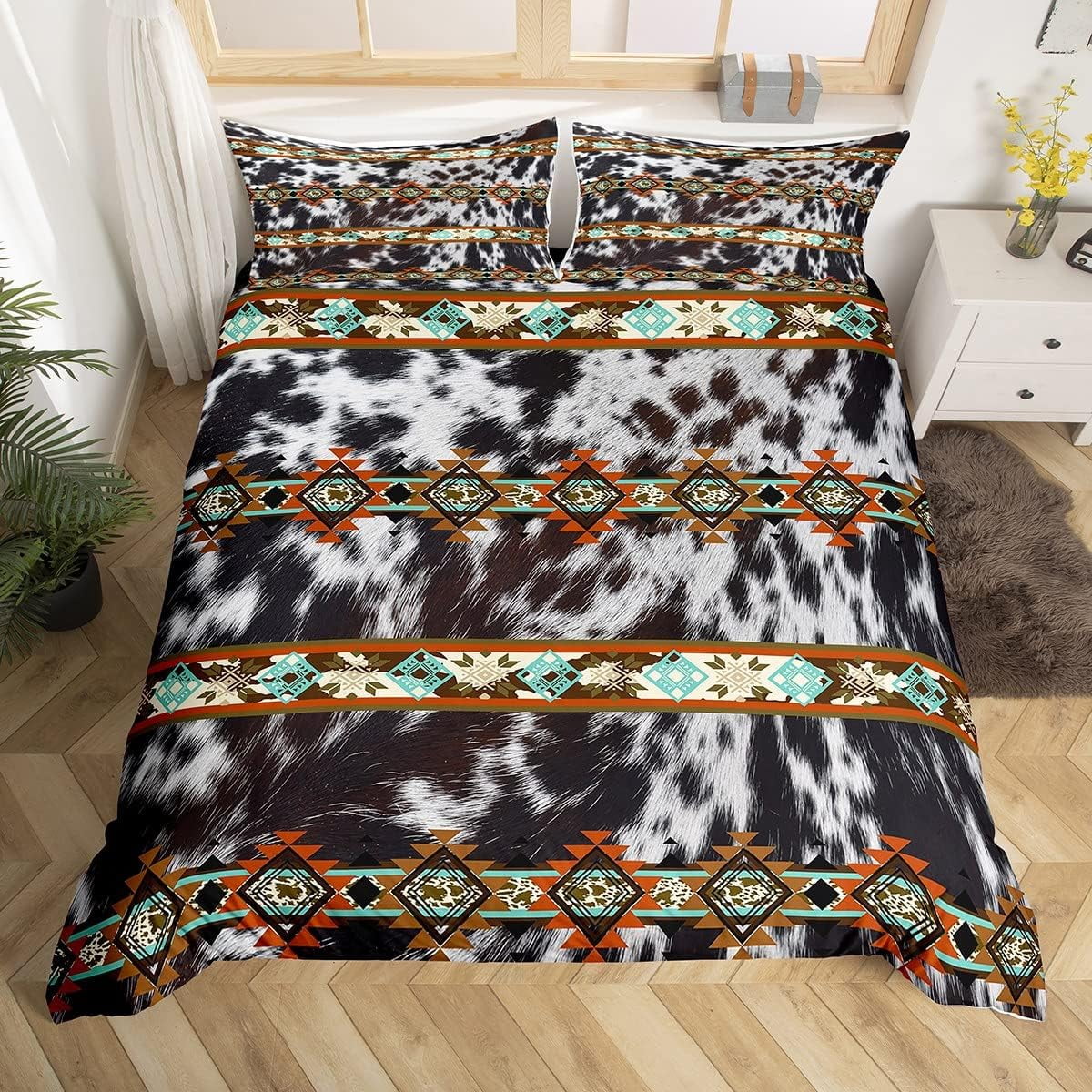 Cowhide Duvet Cover Western Bedding Sets Twin,Black and White Highland Cow Print Comforter Cover