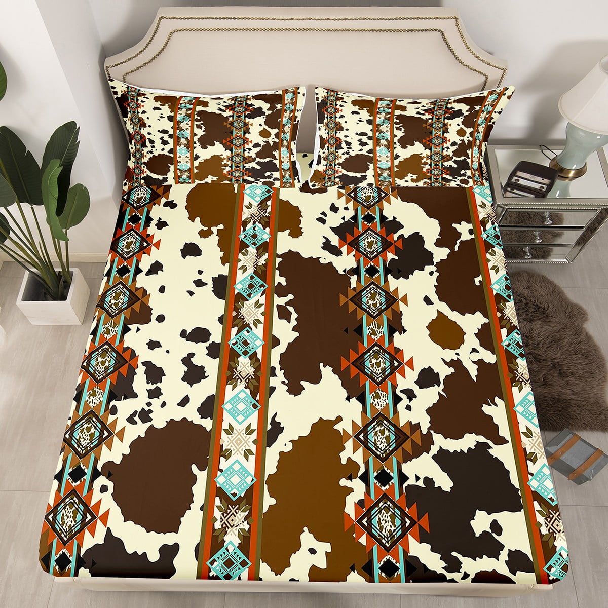 Cowhide Fitted Sheet Brown Highland Cow Print Bedding Set,Western Bed ...