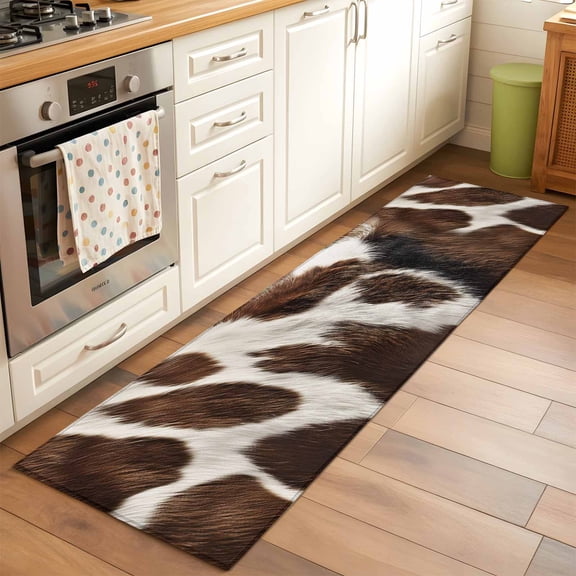 Cowhide Hallway Washable Runner Rug 2x6 Brown Black White Animal Cow Print Kitchen Runner Mat with Non Slip Backing Low Pile Thin Floor Carpet for Indoor Laundry Bedroom Bathroom Living Room