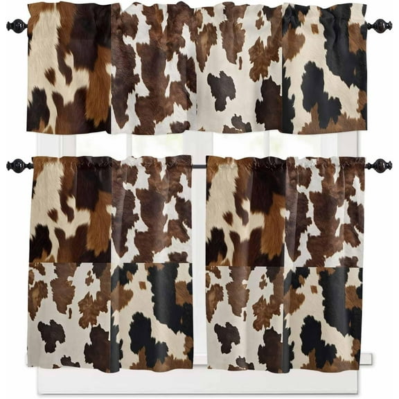 Cowhide Kitchen Curtains and Valances Set, Cow Skin Texture Rod Pocket Window Valance 18 Inch Abstract Countryside Western Window Curtain Panels for Living Room Bedroom Laundry, 27.5x36in, 3 Pieces