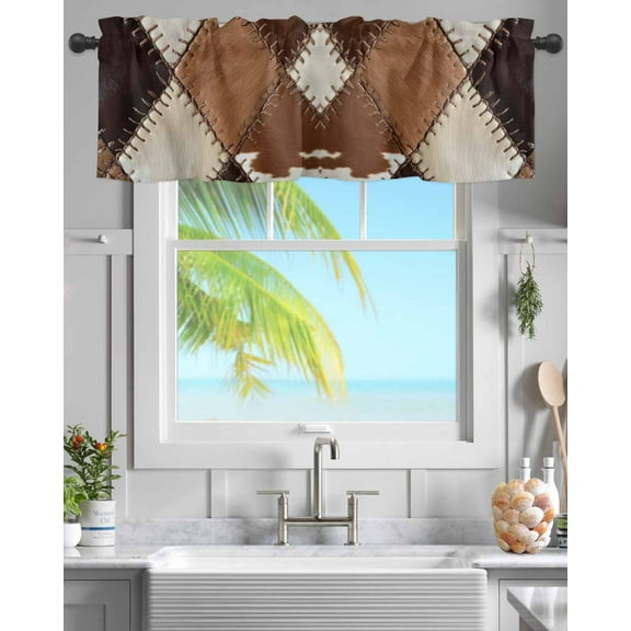 Cowhide Leather Collage Art Curtain Valances for Kitchen Windows,Rod Pocket Short Valance Abstract Animal Skin Texture Small Window Treatment for Living Room Bathroom Bedroom,42"x18"-1 Panel