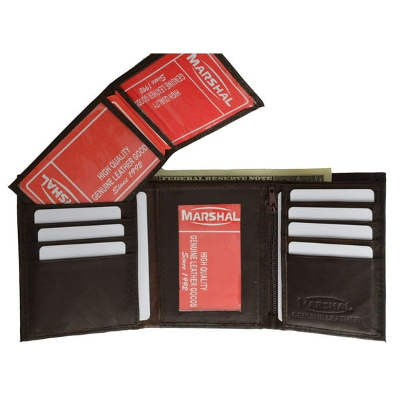 Cowhide Leather Extra Capacity Trifold Wallet with Detachable ID Flap 1455 CF