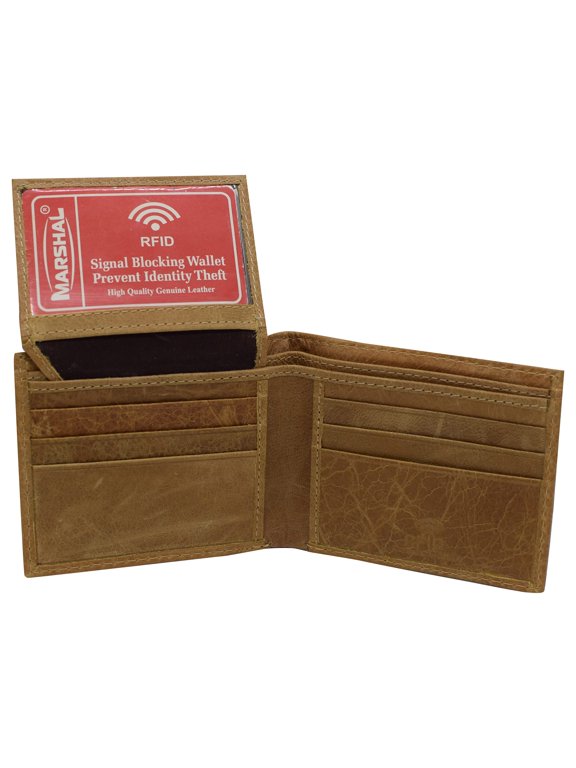 Cowhide Leather Mens RFID Blocking Flap Up ID Window Bifold Tan Wallet for Men