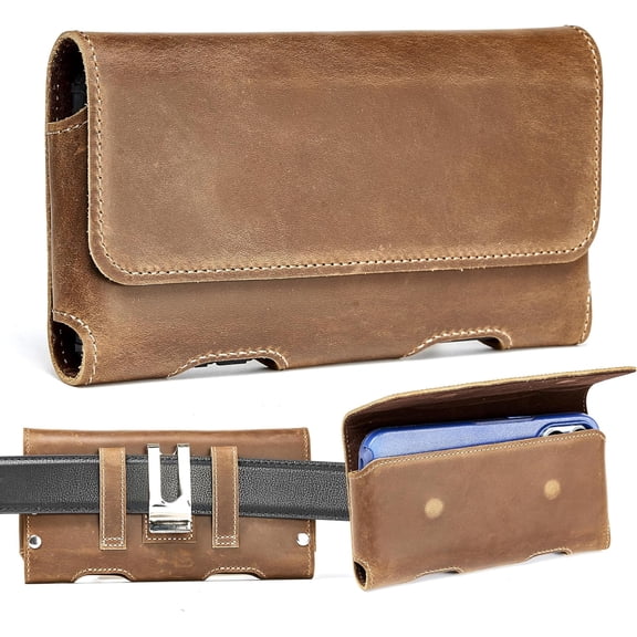 Cowhide Leather Phone Holster with Belt Clip for Samsung Galaxy S25,S24,S23,S22,S21 Ultra,Universal X-Large Cell Phone Belt Holder for Man, Brown-XL