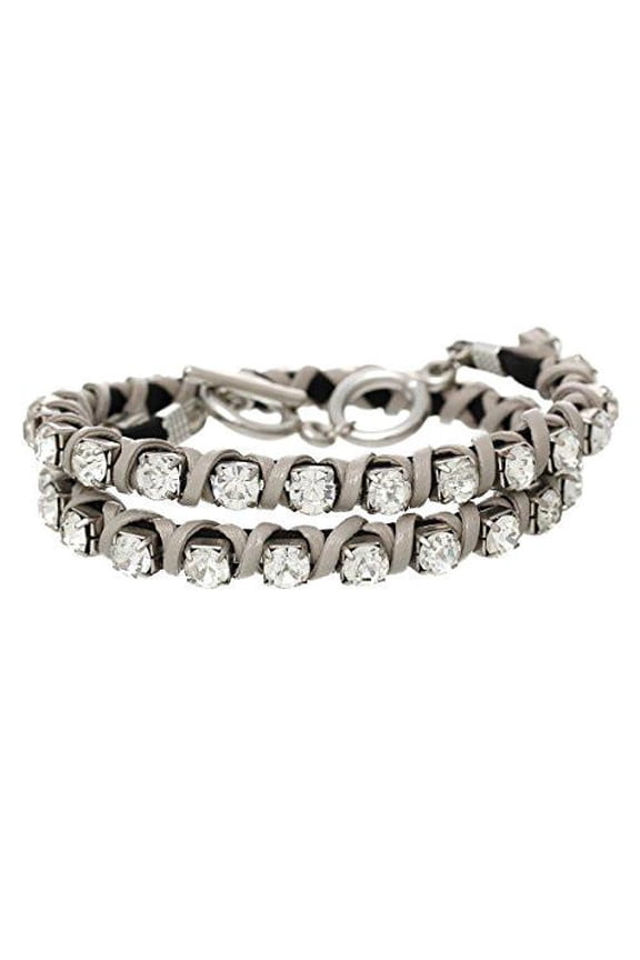 Cowhide Leather Toggle Clasp Bracelet Gray Clear Rhinestone 44cm(17 3/8")