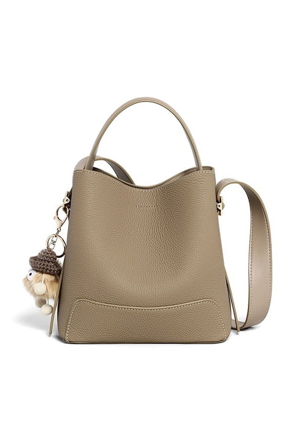 Cowhide Leather Women Bucket Bag, Crossbody Shoulder Bag, Handbag, Pebbled Texture, Multi Pocket