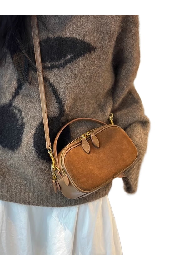 Cowhide Leather Women Camera Bag, Crossbody Handbag, Oval Shape, Suede Texture