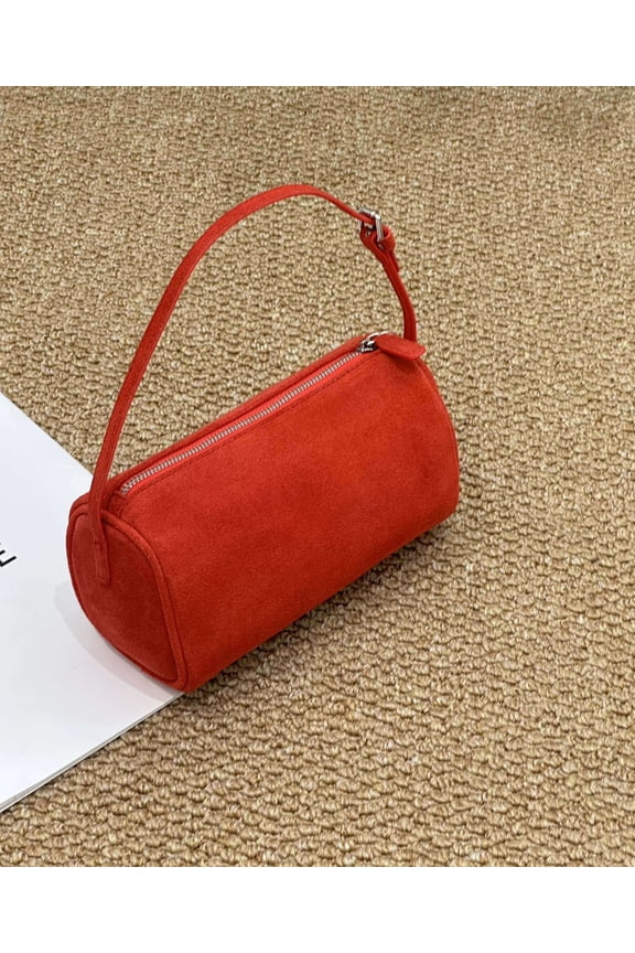 Cowhide Leather Women Cylinder Mini Bag, Shoulder Underarm Bag, Suede Texture, Multi Pocket