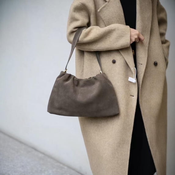 Cowhide Leather Women Ruched Cloud Bag, Shoulder Underarm Bag, Suede Texture, Large Capacity
