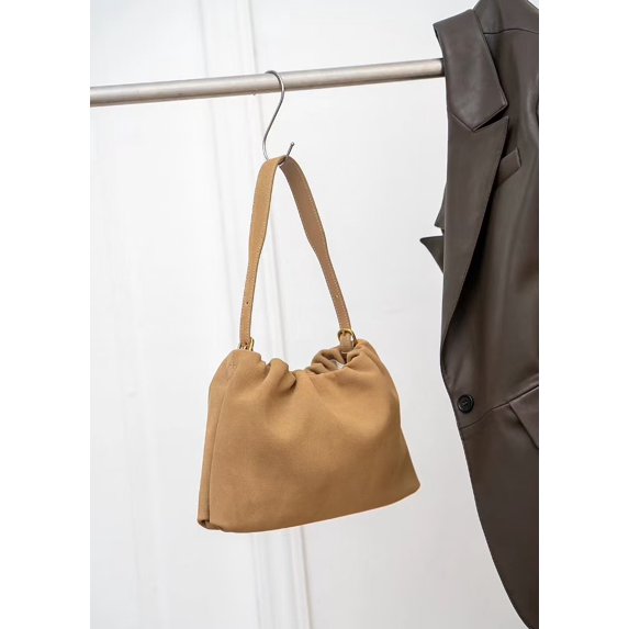 Cowhide Leather Women Ruched Cloud Bag, Shoulder Underarm Bag, Suede Texture, Large Capacity