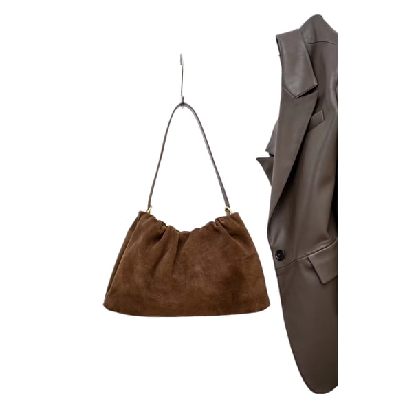 Cowhide Leather Women Ruched Cloud Bag, Shoulder Underarm Bag, Suede Texture, Large Capacity