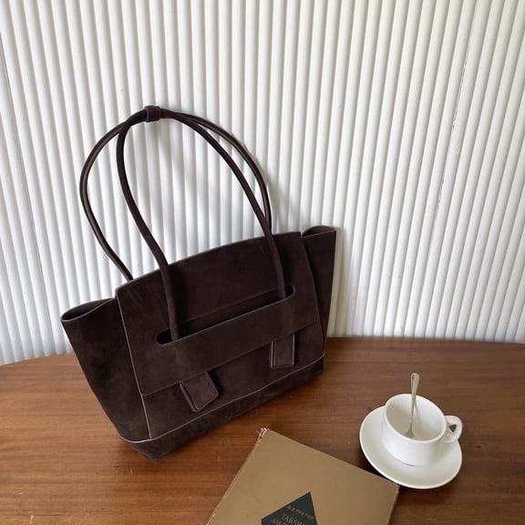 Cowhide Leather Women Trapezoid Tote Bag, Shoulder Work Bag, Suede Texture, Large Capacity