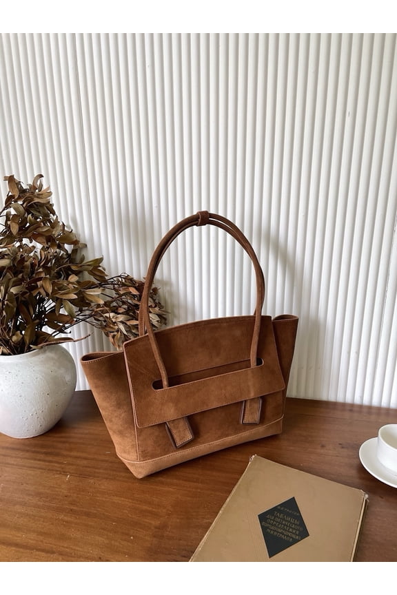 Cowhide Leather Women Trapezoid Tote Bag, Shoulder Work Bag, Suede Texture, Large Capacity