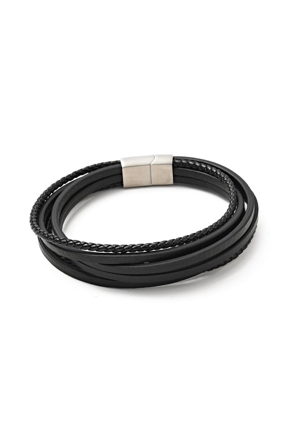 Cowhide Multi-strand Bracelet with 304 Stainless Steel Magnetic Clasps Gothic Jewelry for Men Women Black 10 inch(25.5cm)