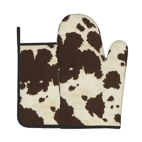 Cowhide Oven Mitts and Pot Holders Set Farm Highland Cow Skin Print Resistant Non-Slip BBQ Baking Gloves Kitch Potholder Mat