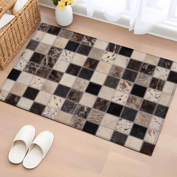 Cowhide Patchwork 2'x3' Rug for Entryway Front Door Kitchen Sink Area, Western Ethnic Abstract Black Brown Grey Fur Style Low Pile Non Slip Rectangle Area Rug, Machine Washable Indoor Outdoor Mat
