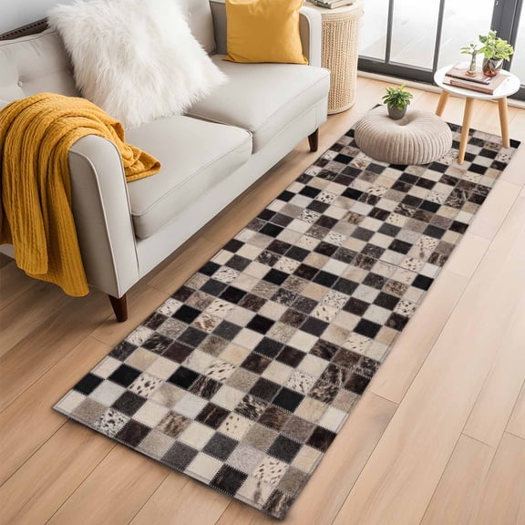 Cowhide Patchwork 2'x6' Runner Rug for Hallway Walkway Kitchen Galley, Western Ethnic Abstract Black Brown Grey Fur Style Low Pile Non Slip Long Area Rug, Machine Washable Indoor Outdoor Mat