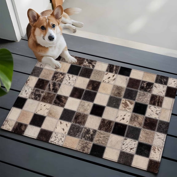 Cowhide Patchwork 2x3 Area Rugs for Living Room, Western Ethnic Abstract Black Brown Grey Fur Style Non Slip Floor Mat Washable Low-Profile Indoor Carpet for Bedroom, Dining Room, Bathroom