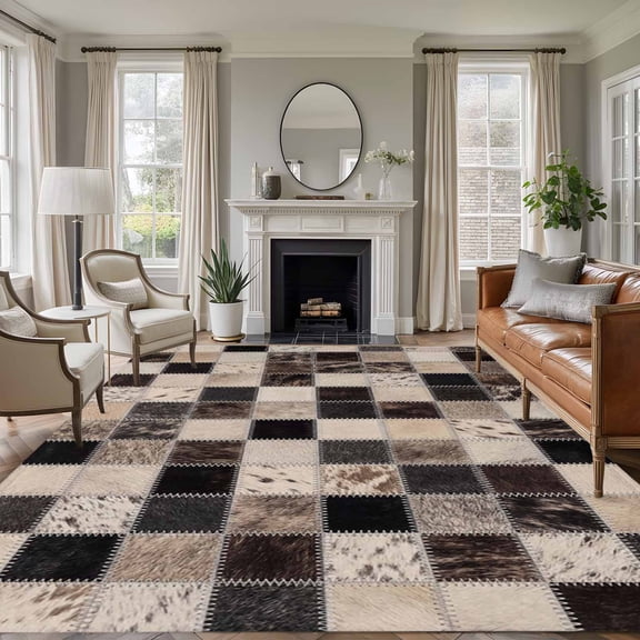 Cowhide Patchwork 8x10 Area Rugs for Living Room, Western Ethnic Abstract Black Brown Grey Fur Style Non Slip Floor Mat Washable Low-Profile Indoor Carpet for Bedroom, Dining Room, Bathroom
