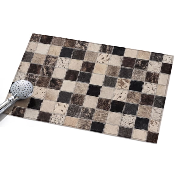 Cowhide Patchwork Area Rugs 2x3ft Western Ethnic Abstract Black Brown Grey Fur Style Floor Rug Non Slip Low Pile Ultra Soft Throw Carpet for Entryway Indoor Entrance Kitchen Bathroom