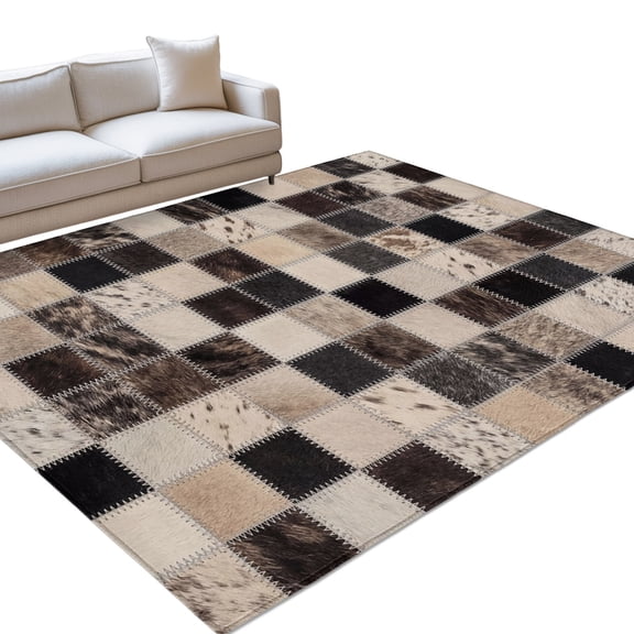 Cowhide Patchwork Area Rugs 5x7ft Western Ethnic Abstract Black Brown Grey Fur Style Floor Rug Non Slip Low Pile Ultra Soft Throw Carpet for Entryway Indoor Entrance Kitchen Bathroom