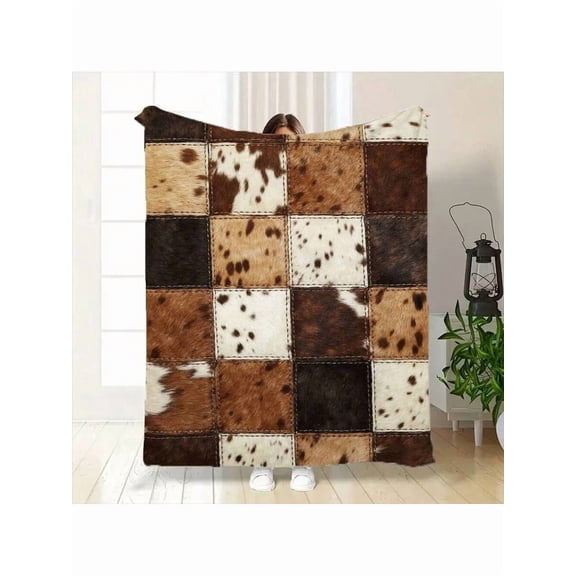 Cowhide Patchwork Blanket - Soft Plush Fleece Throw, Decorative Faux Fur Quilt, Warm And Cozy, Rustic Western Style Blanket For Bed Sofa Couch, Perfect Gift For Home Decor, Farmhouse, Country L