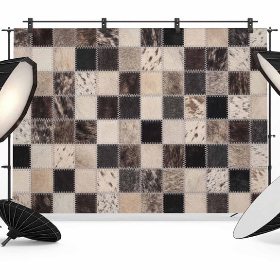 Cowhide Patchwork Photography Backdrop 7x5FT, Western Ethnic Abstract Black Brown Grey Fur Style Photo Backdrops, Background for Photography Studio Photo Studio Background, Back Drop for Photoshoot