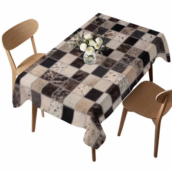 Cowhide Patchwork Rectangle Tablecloth Western Ethnic Abstract Black Brown Grey Fur Style Waterproof Wrinkle Free Soft Table Cloth Spill-Proof Washable Table Cover for Dining Picnic 60 x 102 Inch