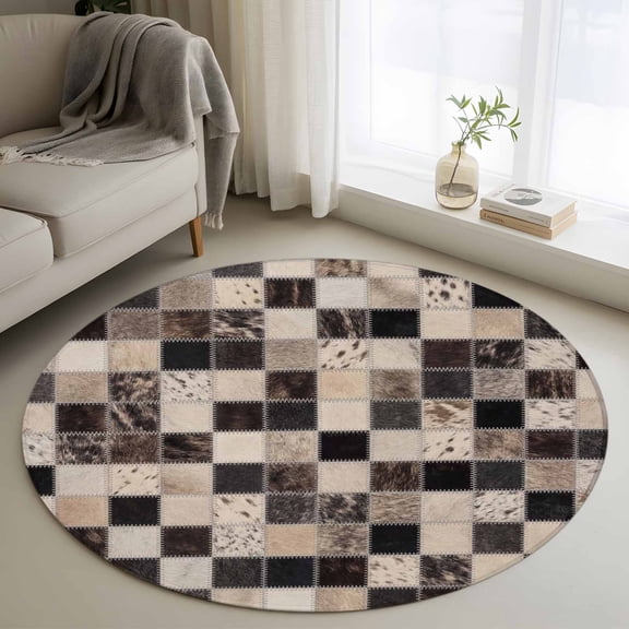 Cowhide Patchwork Round Rugs for Living Room 3ft Western Ethnic Abstract Black Brown Grey Fur Style Non Slip Circle Rug Washable Low-Profile Indoor Carpet for Bedroom, Dining Room, Bathroom
