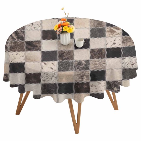 Cowhide Patchwork Round Tablecloth 54 inches Western Ethnic Abstract Black Brown Grey Fur Style Waterproof Oil-Proof Table Cloth Round Table Cover for Holiday Party Picnic Dinner Decor Indoor Outdoor