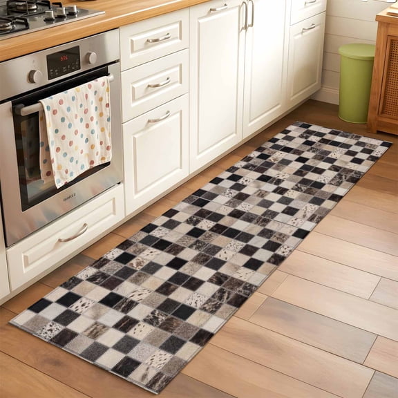 Cowhide Patchwork Runner Rug for Hallway 2x6ft, Western Ethnic Abstract Black Brown Grey Fur Style Non Slip Floor Mat Washable Low-Profile Indoor Carpet for Living Room, Bedroom, Dining Room