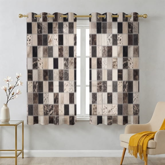 Cowhide Patchwork Sheer Curtains 39 Inch Long 2 Panels, Western Ethnic Abstract Black Brown Grey Fur Style Light Filtering Semi Sheer Drapes Grommet Voile Curtain for Living Bedroom W27.9 x L39