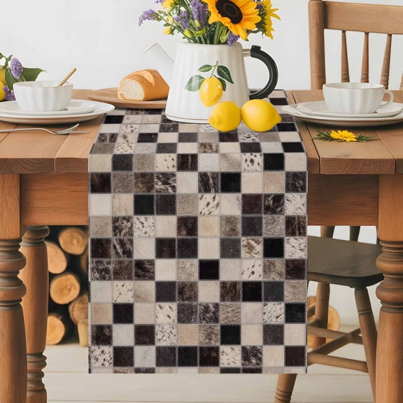 Cowhide Patchwork Table Runner 13x36 Inch Western Ethnic Abstract Black Brown Grey Fur Style Cotton Linen Dining Table Runner Ideal for Dresser Kitchen Coffee Tables - Machine Washable
