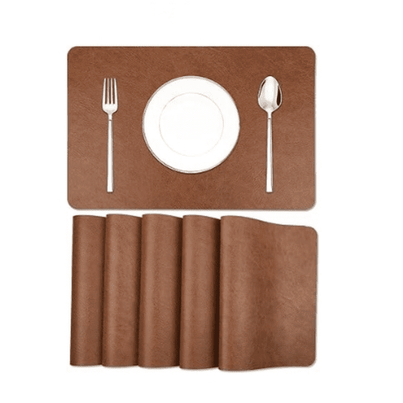Cowhide Patt Faux Leather Placemats Set of 6,Heat Resistant Non-Slip Waterproof Wipeable Washable Kitchen Dining PU Table Place Mats,Double-Sides Available,Dark Coffee