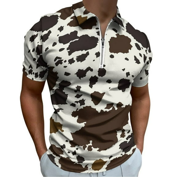 Cowhide Pattern Men Zipper T-shirt Summer Casual Short Sleeve T-shirt Top