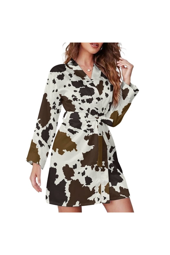 Cowhide Pattern Night Robe Long Sleeve V Neck Robe With Belt Women's Sleepwear Dresses