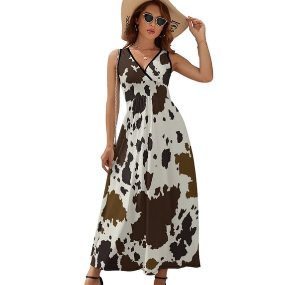 Cowhide Pattern Womens Night Club Maxi Dress V Neck Sleeveless Bohemia Long Dresses
