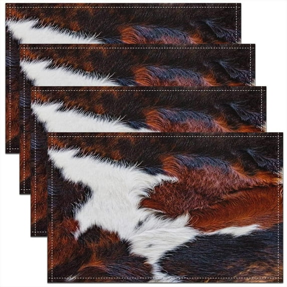 Cowhide Place Mats, Kids Cow Print Placemats for Table, Longhorn Bull Hair Wipeable Placemats, Wildlife Farmhouse Animal Table Mats for Teens Boys Adult, Brown Black White, 12x18 Set of 4