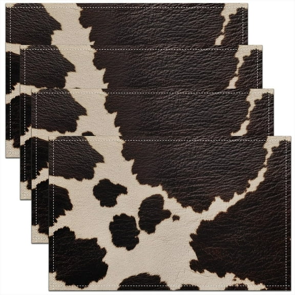 Cowhide Placemats Set of 4,Cow Fur Table Place Mats,Farmhouse Western Farm Animal Skin Brown Beige Placemat for Kitchen Dining Table Decoration Indoor Outdoor 18"x12"
