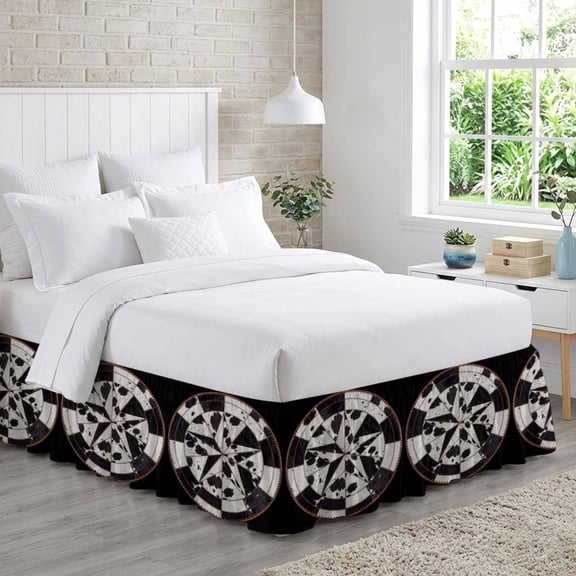 Cowhide Print Bed Skirt King Size 16 Inch Drop, Rustic Farmhouse Black and White Country Star Fur Style Adjustable Elastic Dust Ruffles Bedskirt for King Bed Wrap Around Pleated Mattress Frame Cover
