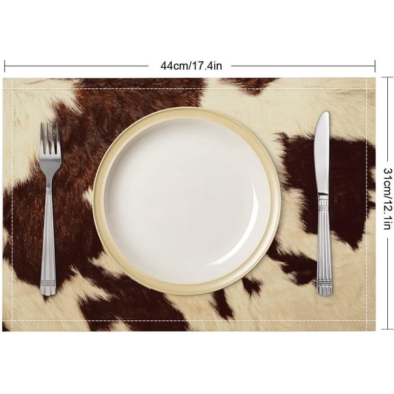 Cowhide Print Placemat Set of 6,Farmhouse Vintage Barnyard Animal Brown Cowhide Texture Prints Table Mats for Home Dining Table Kitchen Party Decor 6PCS