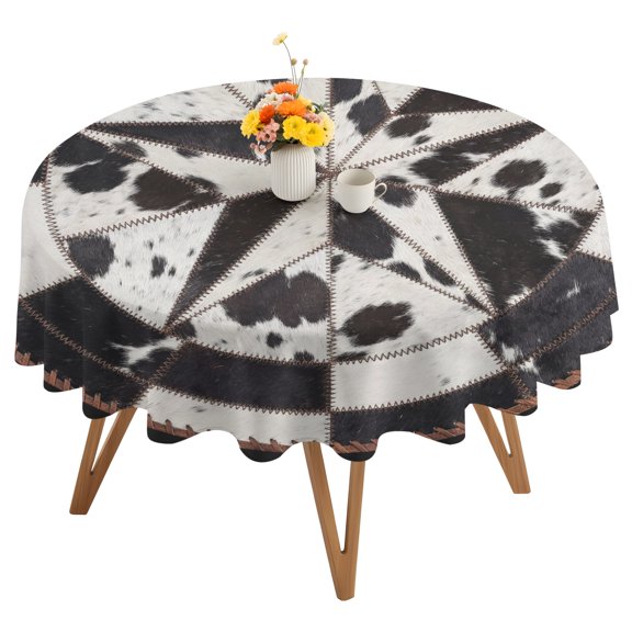 Cowhide Print Round Tablecloth 60 inches Rustic Farmhouse Black and White Country Star Fur Style Waterproof Oil-Proof Table Cloth Round Table Cover for Holiday Party Picnic Dinner Decor